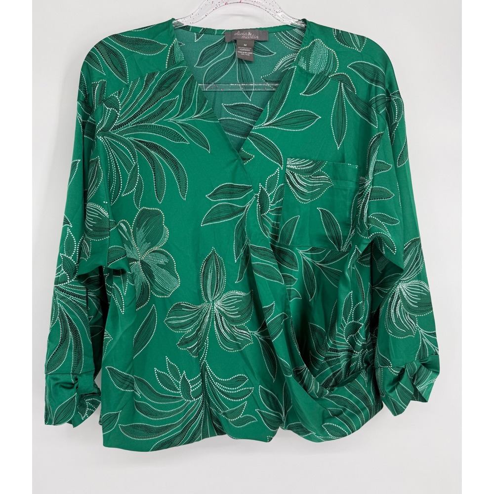 Olivia & Martin Womens Green Tropical Floral Surplice V-Neck Blouse Sz‎ M